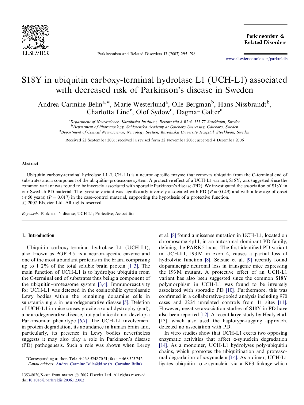 S18Y in ubiquitin carboxy-terminal hydrolase L1 (UCH-L1) associated with decreased risk of Parkinson's disease in Sweden