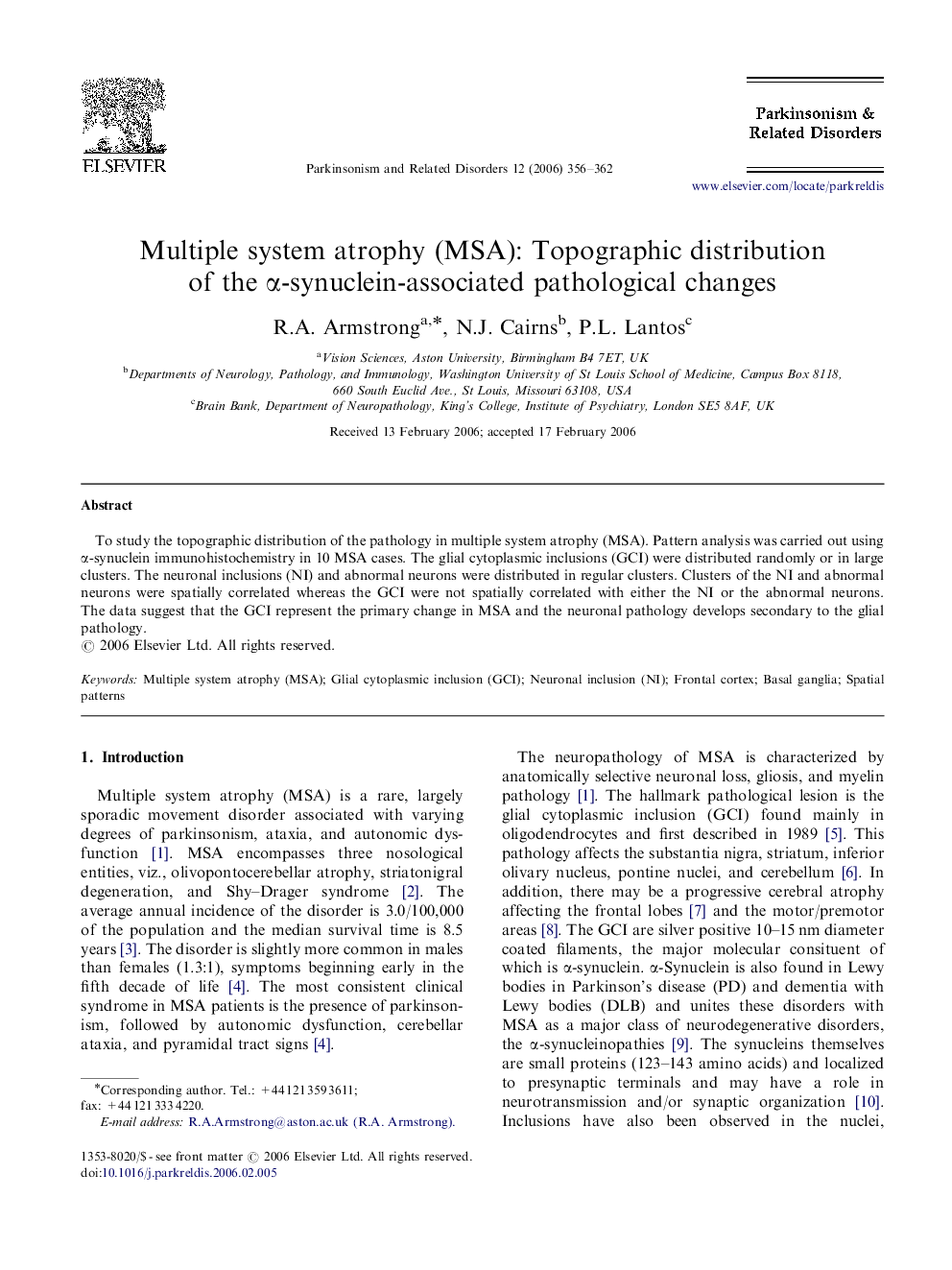 Multiple system atrophy (MSA): Topographic distribution of the α-synuclein-associated pathological changes