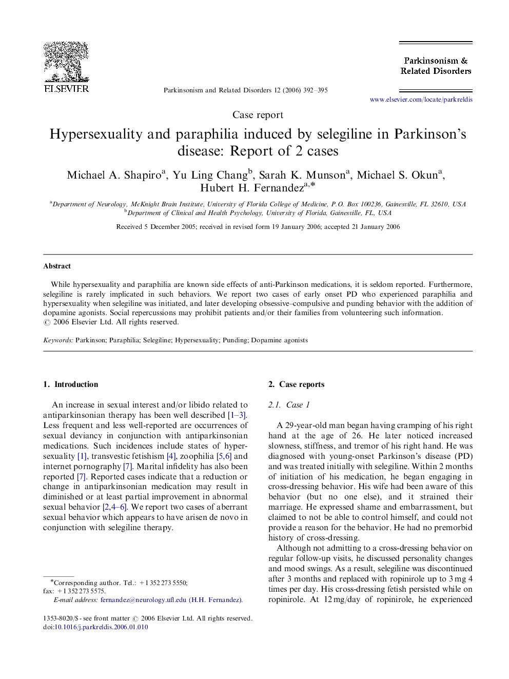 Hypersexuality and paraphilia induced by selegiline in Parkinson's disease: Report of 2 cases