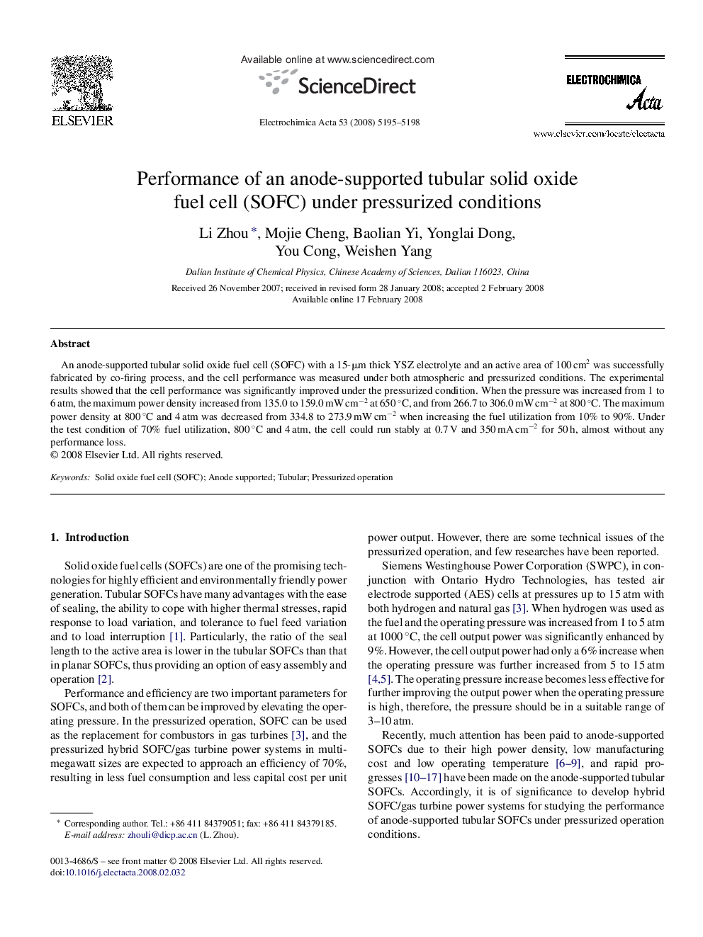 Performance of an anode-supported tubular solid oxide fuel cell (SOFC) under pressurized conditions