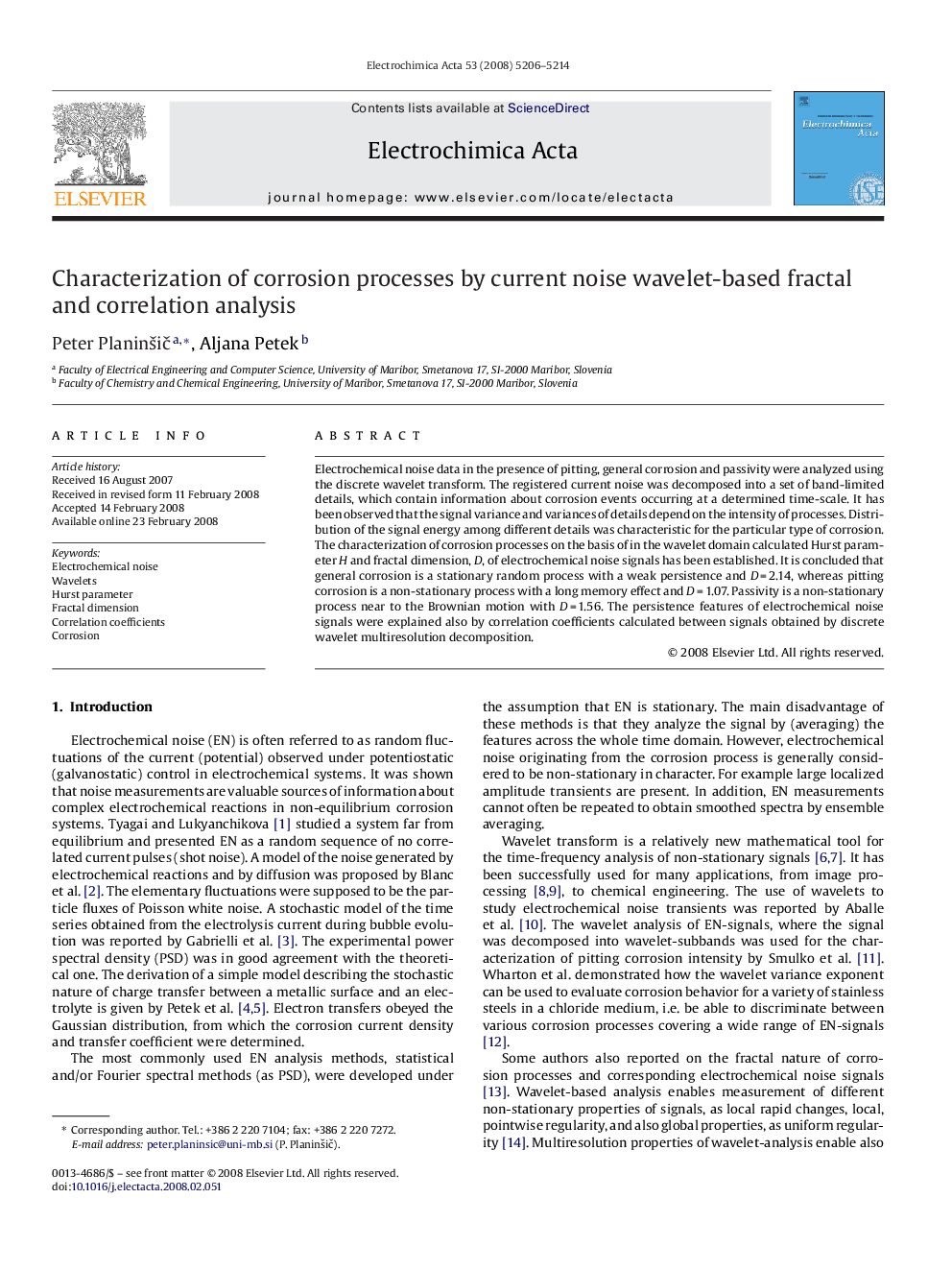 Characterization of corrosion processes by current noise wavelet-based fractal and correlation analysis