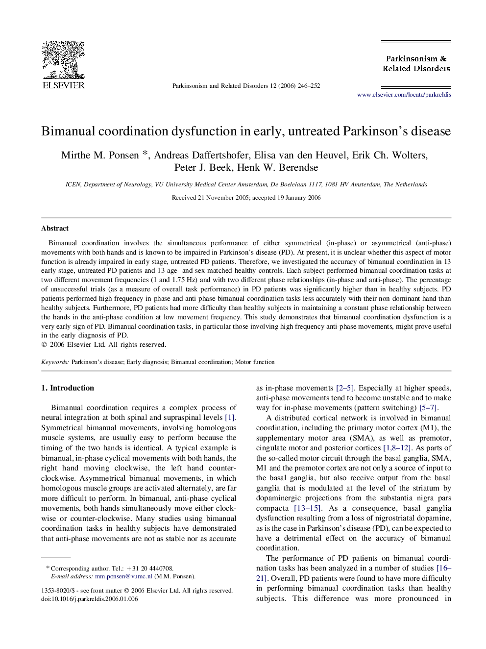 Bimanual coordination dysfunction in early, untreated Parkinson's disease