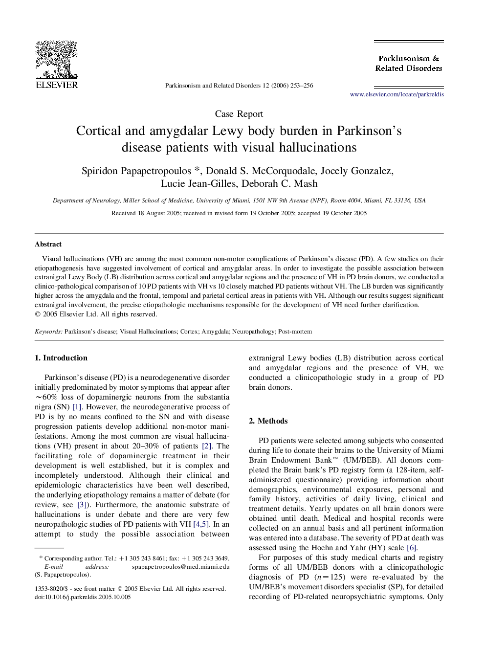 Cortical and amygdalar Lewy body burden in Parkinson's disease patients with visual hallucinations