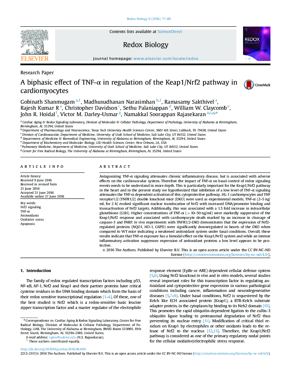 A biphasic effect of TNF-α in regulation of the Keap1/Nrf2 pathway in cardiomyocytes