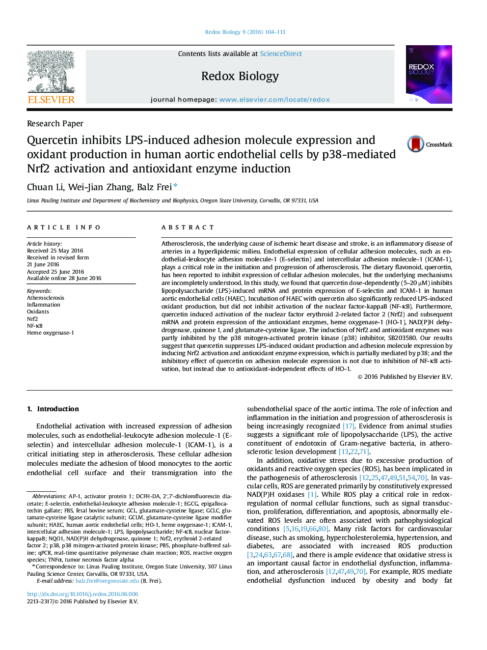 Quercetin inhibits LPS-induced adhesion molecule expression and oxidant production in human aortic endothelial cells by p38-mediated Nrf2 activation and antioxidant enzyme induction