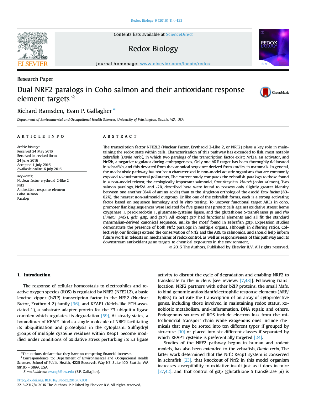 Dual NRF2 paralogs in Coho salmon and their antioxidant response element targets 