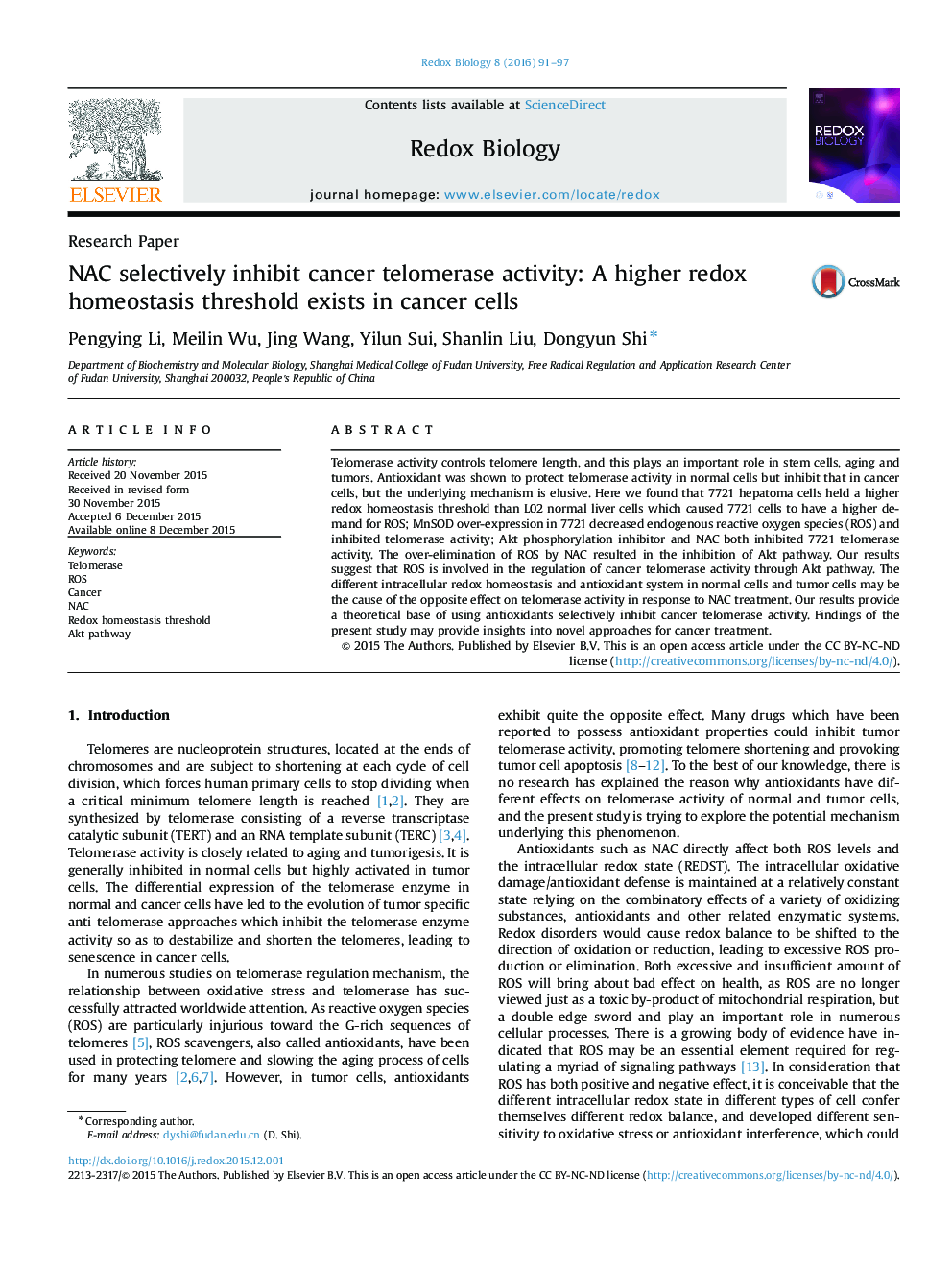 NAC selectively inhibit cancer telomerase activity: A higher redox homeostasis threshold exists in cancer cells