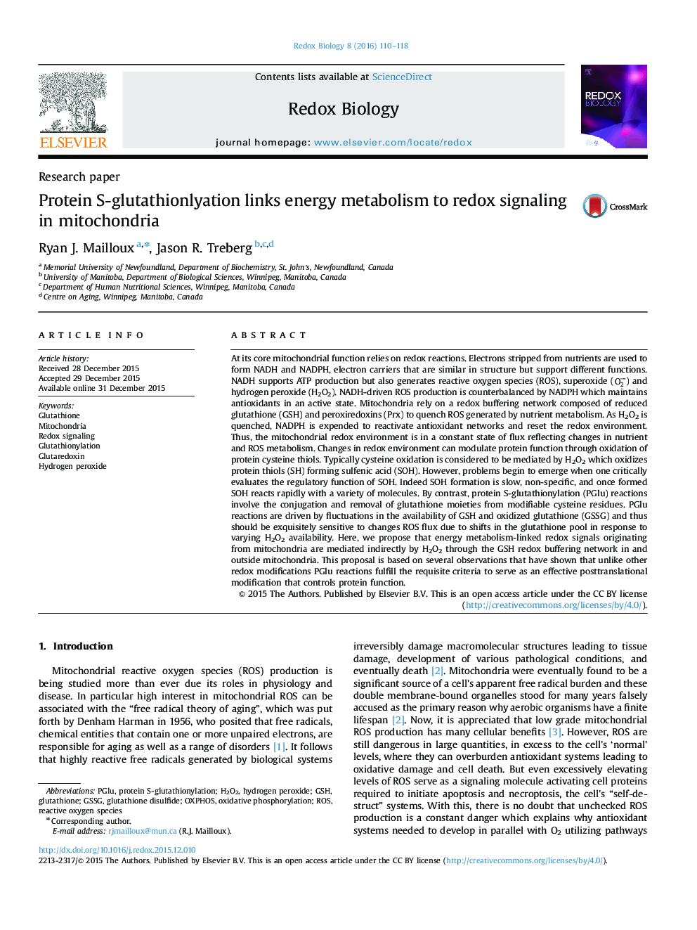 Protein S-glutathionlyation links energy metabolism to redox signaling in mitochondria