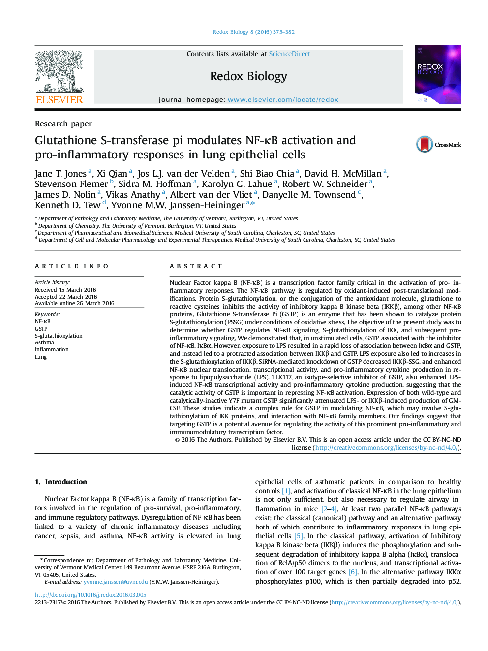 Glutathione S-transferase pi modulates NF-κB activation and pro-inflammatory responses in lung epithelial cells