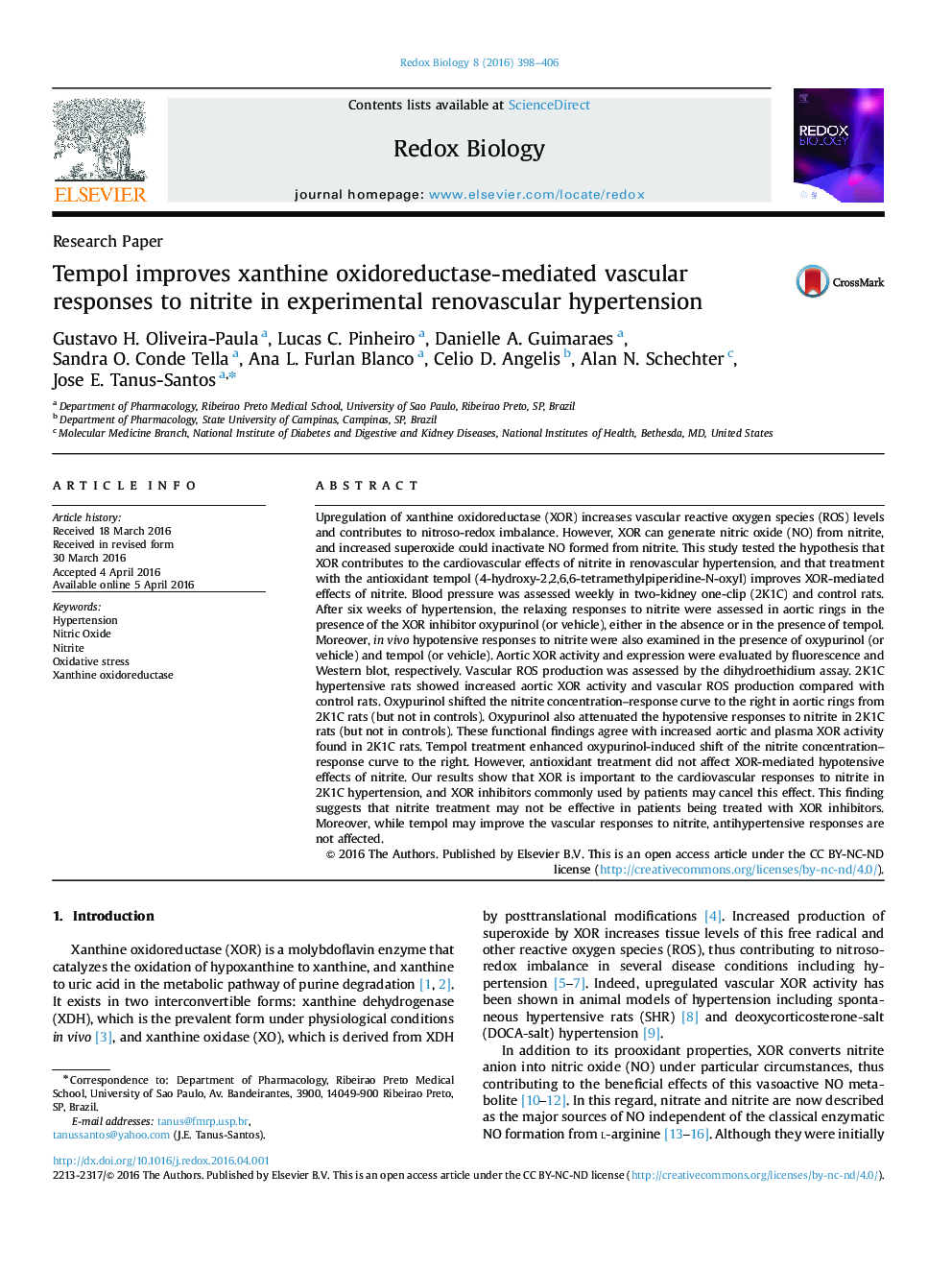 Tempol improves xanthine oxidoreductase-mediated vascular responses to nitrite in experimental renovascular hypertension