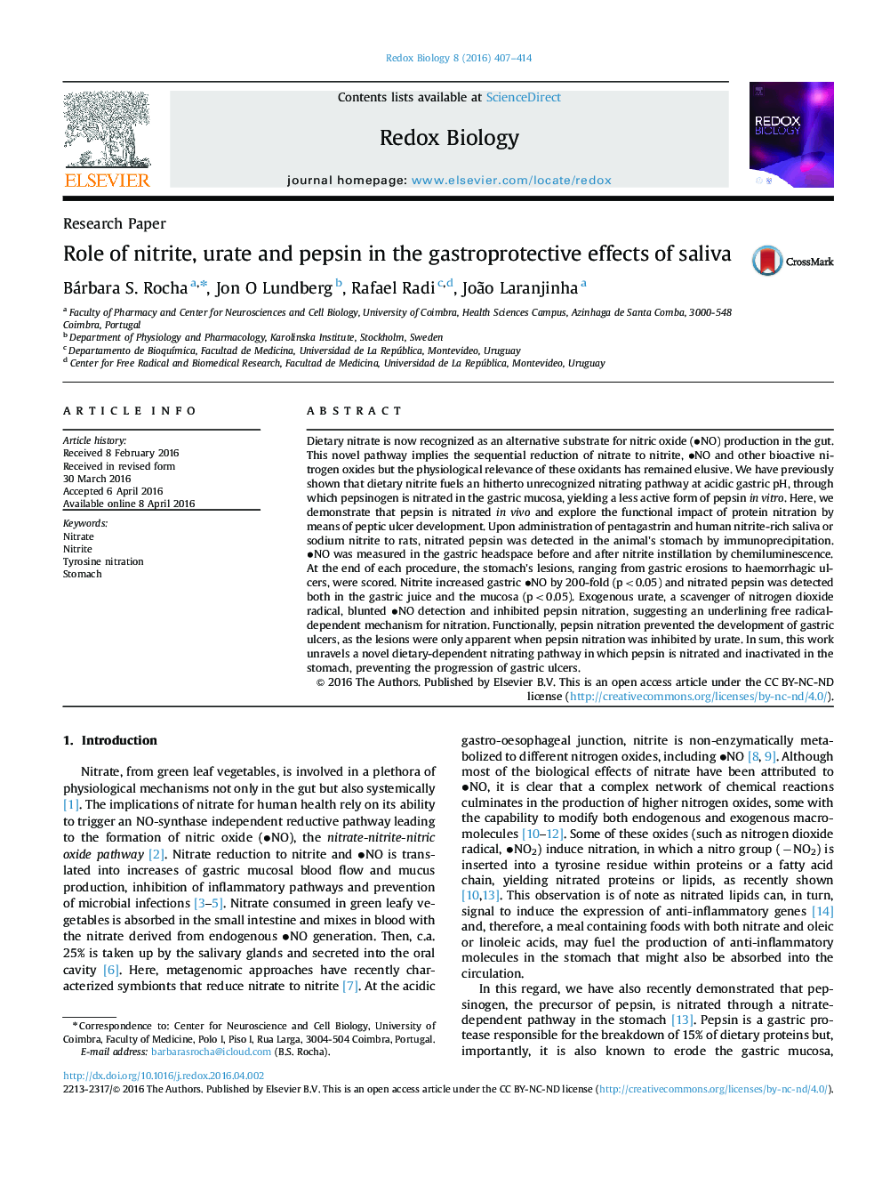 Role of nitrite, urate and pepsin in the gastroprotective effects of saliva