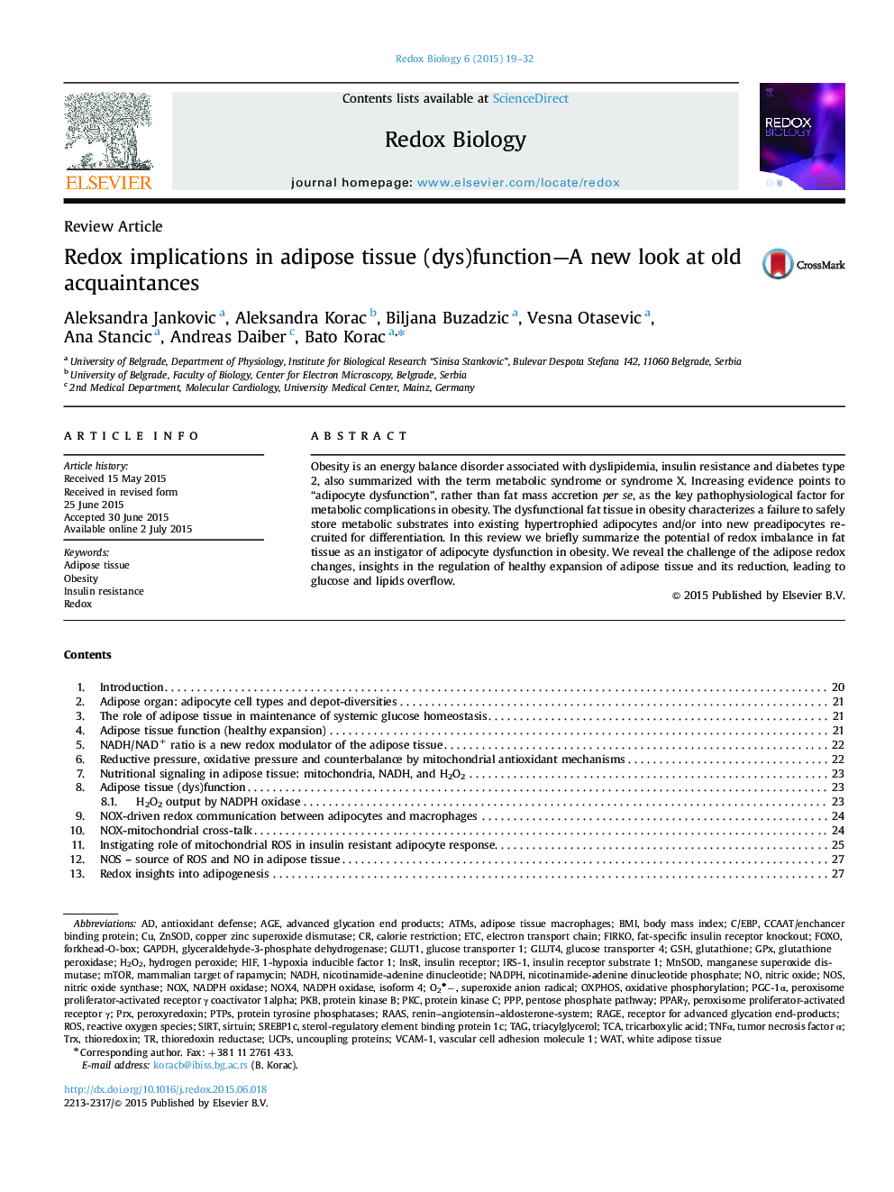 Redox implications in adipose tissue (dys)function—A new look at old acquaintances