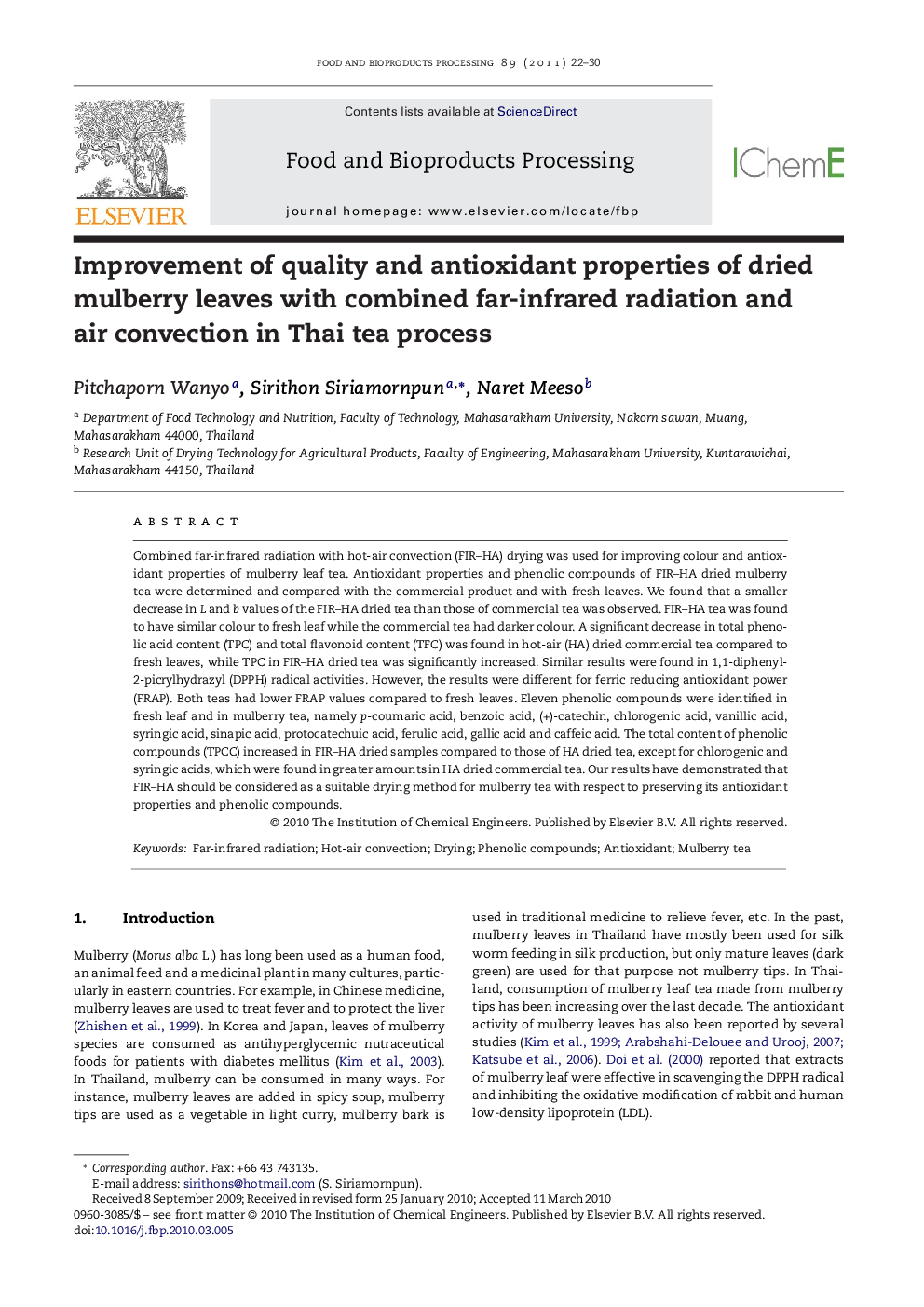 Improvement of quality and antioxidant properties of dried mulberry leaves with combined far-infrared radiation and air convection in Thai tea process