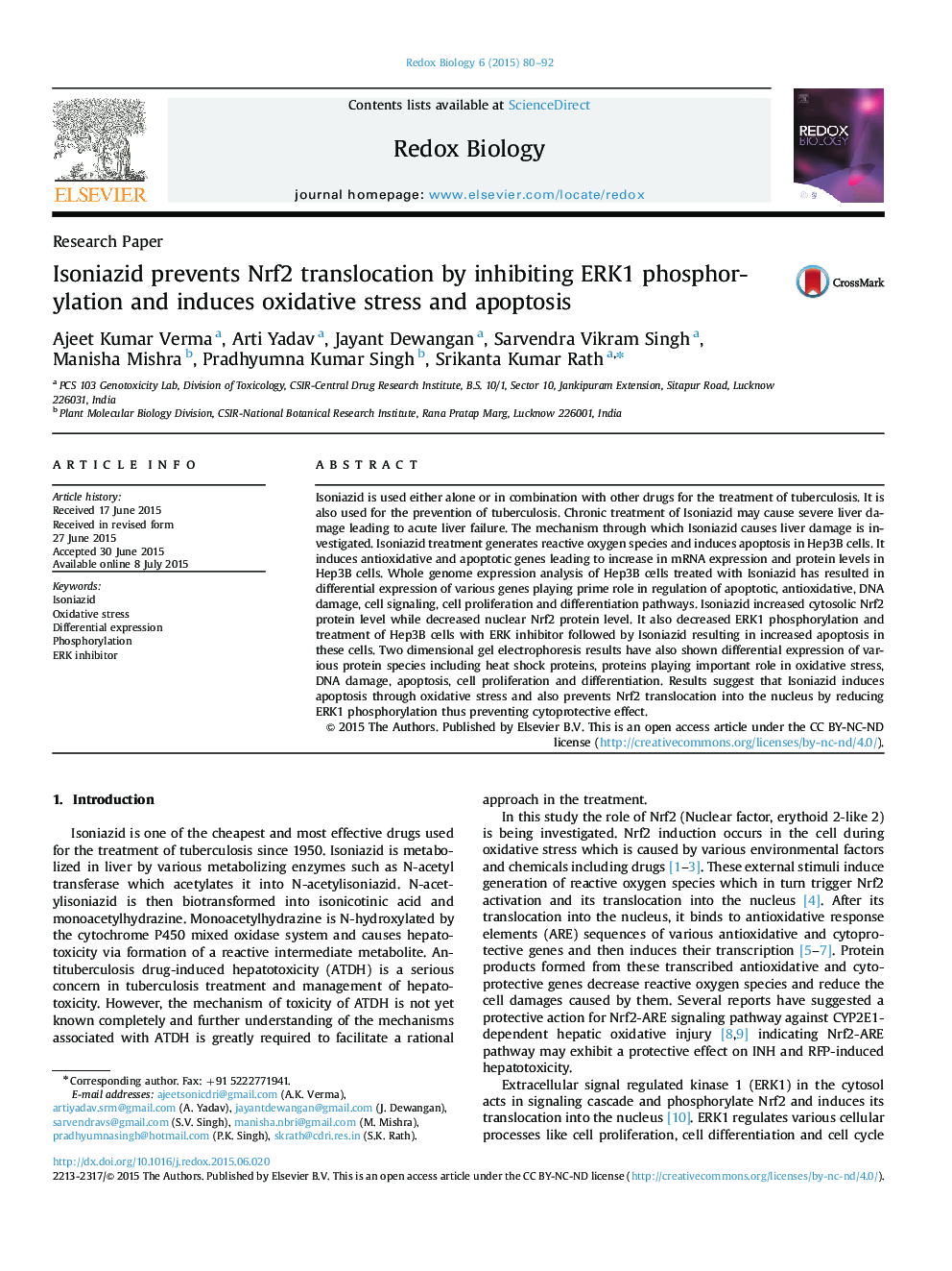 عکس صفحه اول مقاله: Isoniazid prevents Nrf2 translocation by inhibiting ERK1 phosphorylation and induces oxidative stress and apoptosis Isoniazid prevents Nrf2 translocation by inhibiting ERK1 phosphorylation and induces oxidative stress and apoptosis
