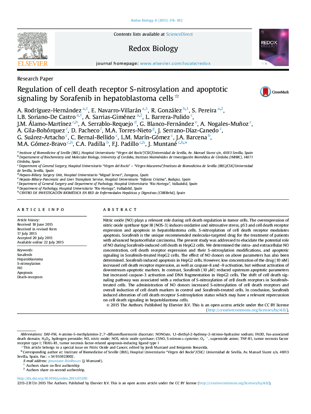 Regulation of cell death receptor S-nitrosylation and apoptotic signaling by Sorafenib in hepatoblastoma cells 