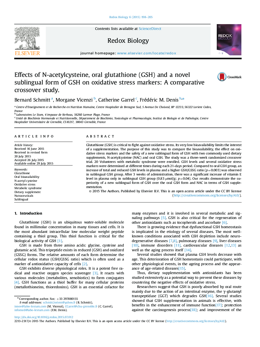 Effects of N-acetylcysteine, oral glutathione (GSH) and a novel sublingual form of GSH on oxidative stress markers: A comparative crossover study.