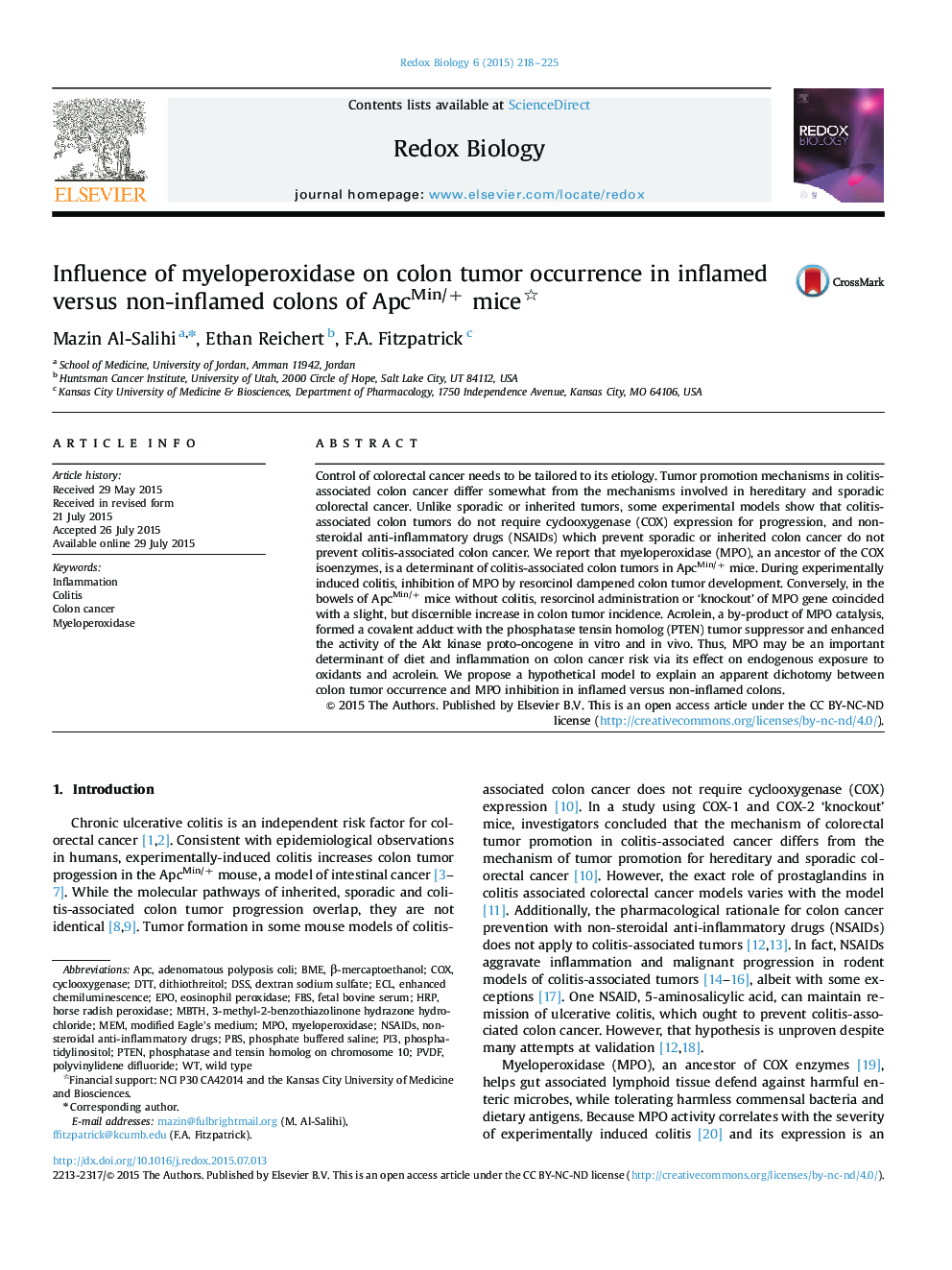 Influence of myeloperoxidase on colon tumor occurrence in inflamed versus non-inflamed colons of ApcMin/+ mice 