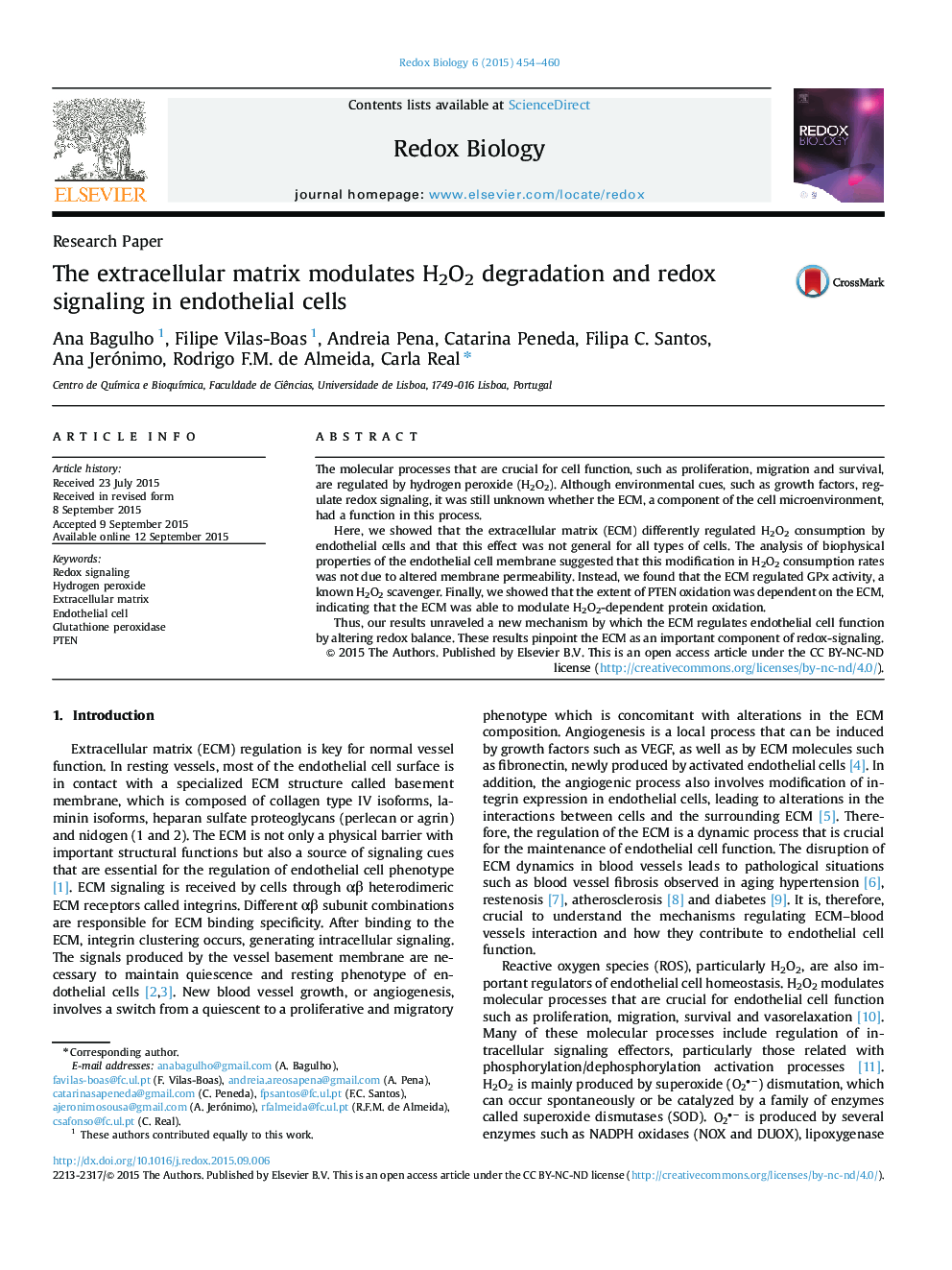 The extracellular matrix modulates H2O2 degradation and redox signaling in endothelial cells