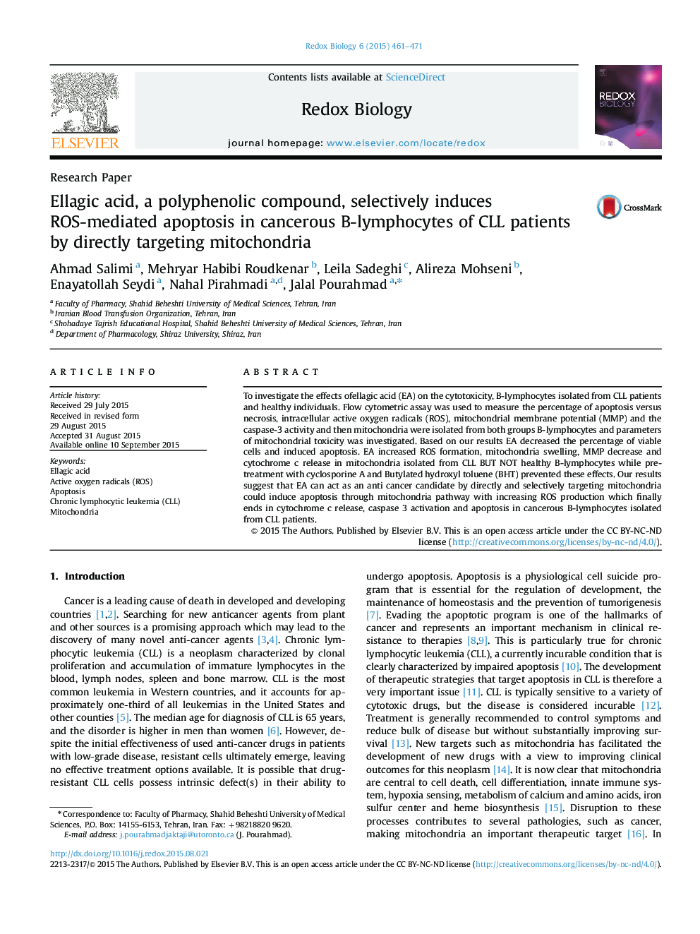 Ellagic acid, a polyphenolic compound, selectively induces ROS-mediated apoptosis in cancerous B-lymphocytes of CLL patients by directly targeting mitochondria