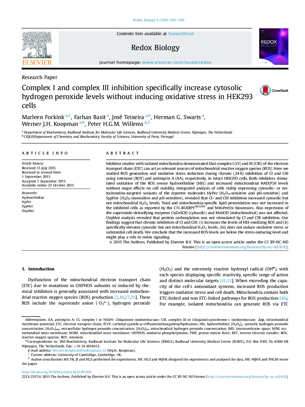 Complex I and complex III inhibition specifically increase cytosolic hydrogen peroxide levels without inducing oxidative stress in HEK293 cells