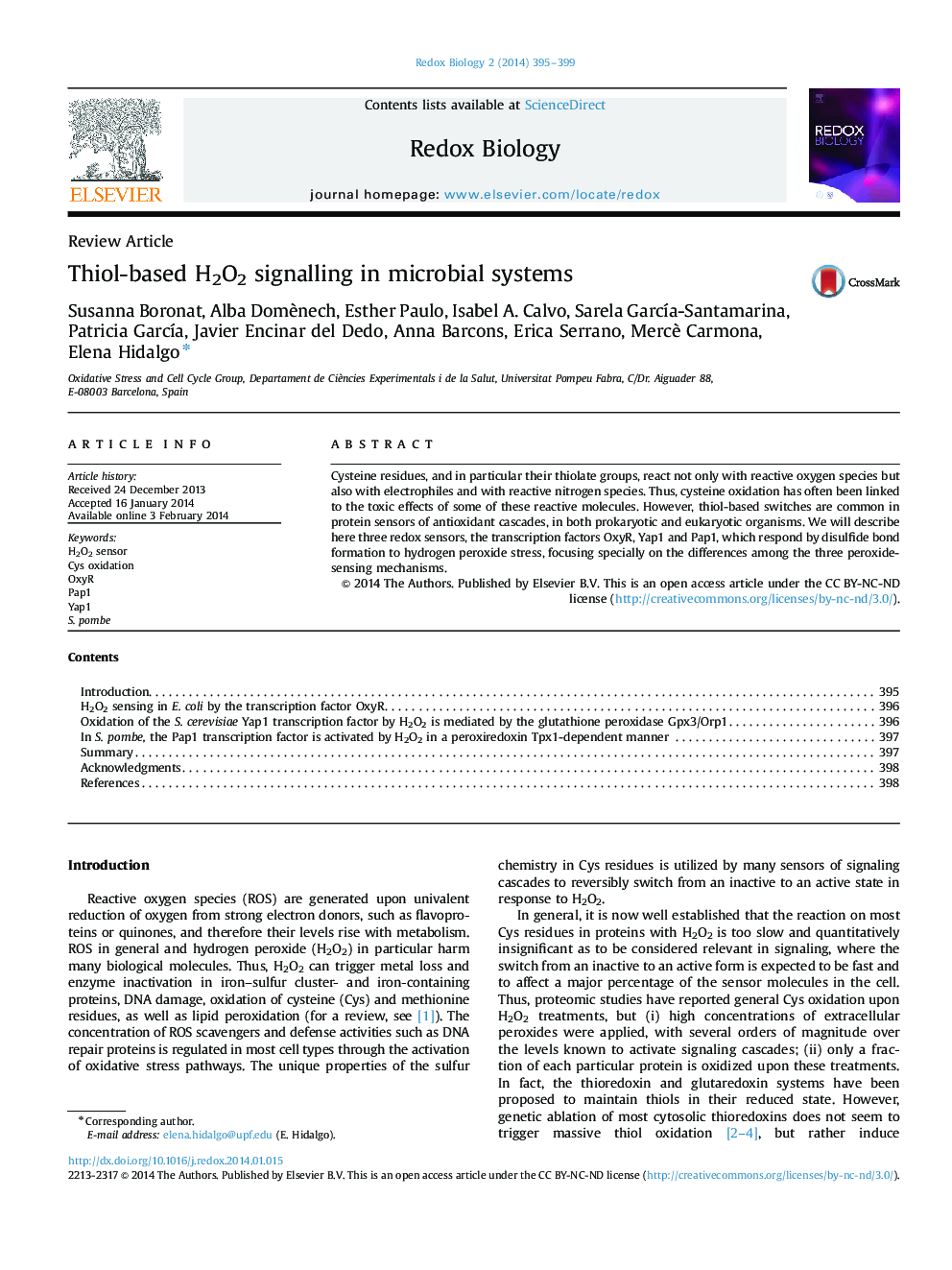 Thiol-based H2O2 signalling in microbial systems