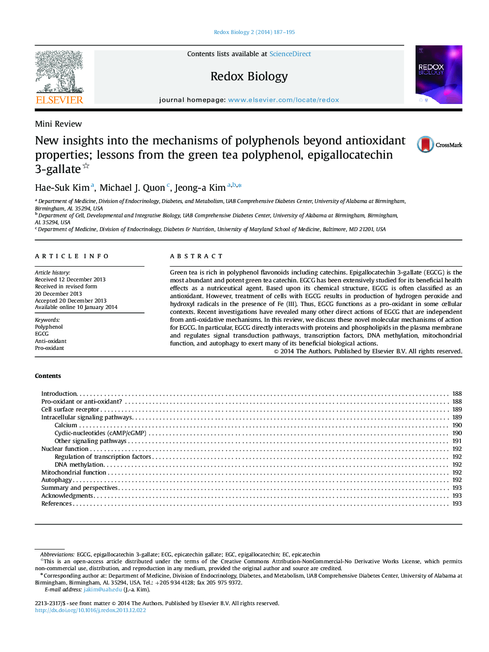 New insights into the mechanisms of polyphenols beyond antioxidant properties; lessons from the green tea polyphenol, epigallocatechin 3-gallate 
