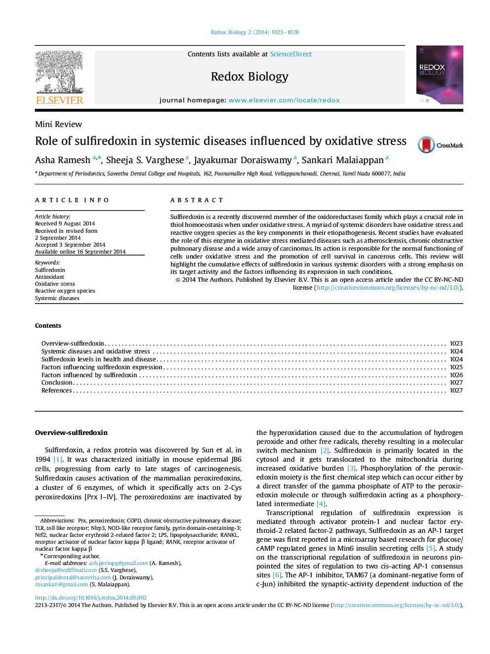 Role of sulfiredoxin in systemic diseases influenced by oxidative stress