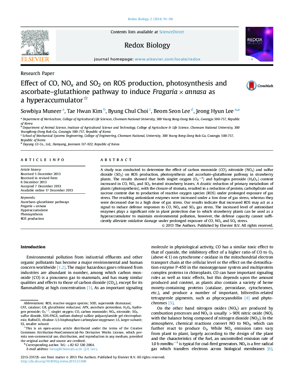 Effect of CO, NOx and SO2 on ROS production, photosynthesis and ascorbate–glutathione pathway to induce Fragaria×annasa as a hyperaccumulator 