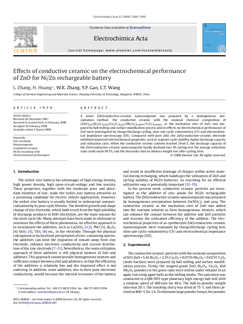 Effects of conductive ceramic on the electrochemical performance of ZnO for Ni/Zn rechargeable battery