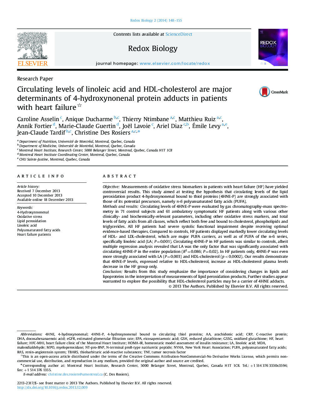 Circulating levels of linoleic acid and HDL-cholesterol are major determinants of 4-hydroxynonenal protein adducts in patients with heart failure 