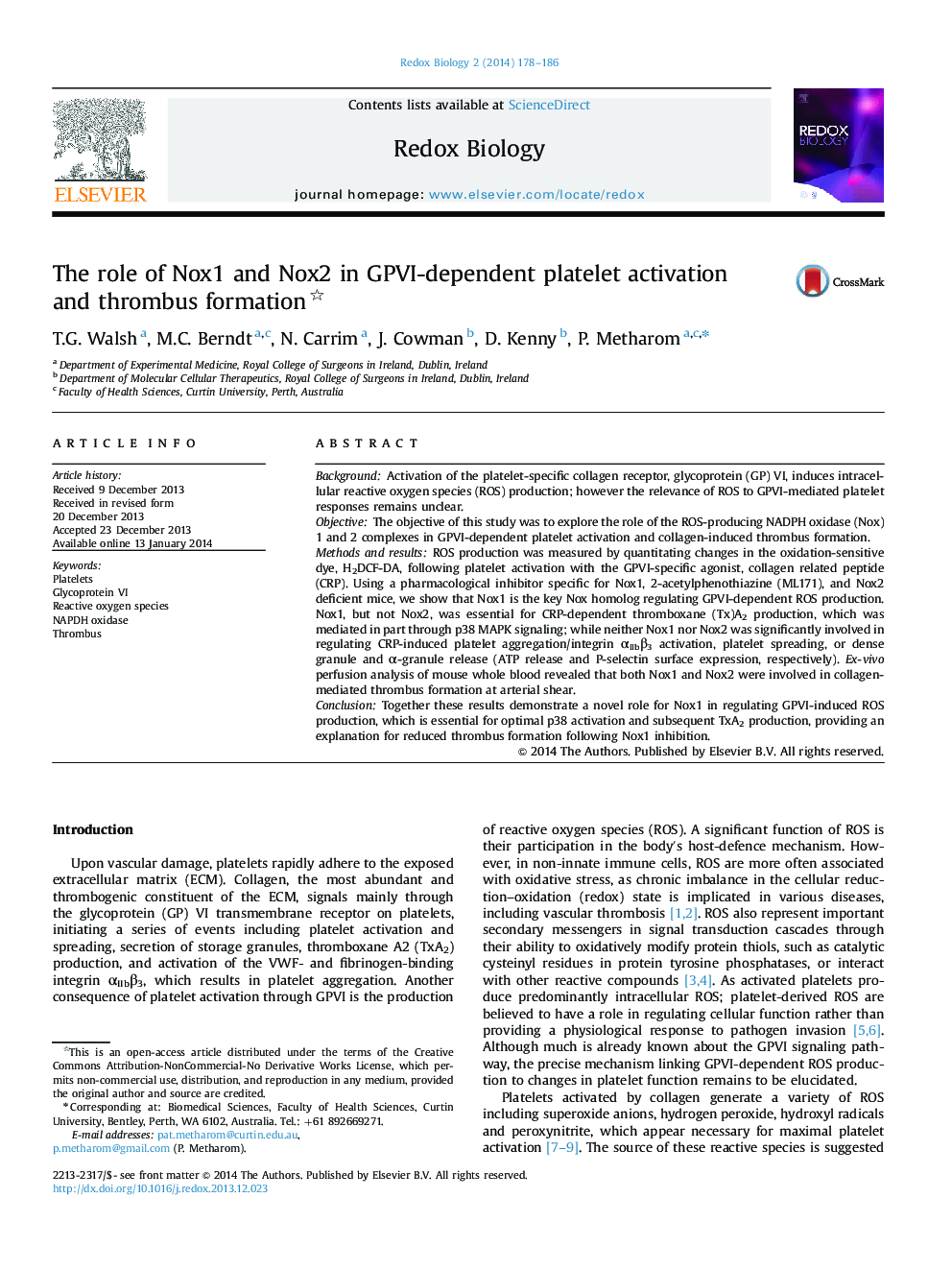 The role of Nox1 and Nox2 in GPVI-dependent platelet activation and thrombus formation