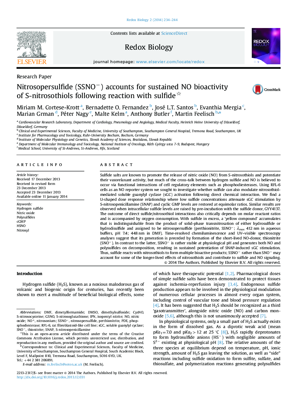 Nitrosopersulfide (SSNO−) accounts for sustained NO bioactivity of S-nitrosothiols following reaction with sulfide 