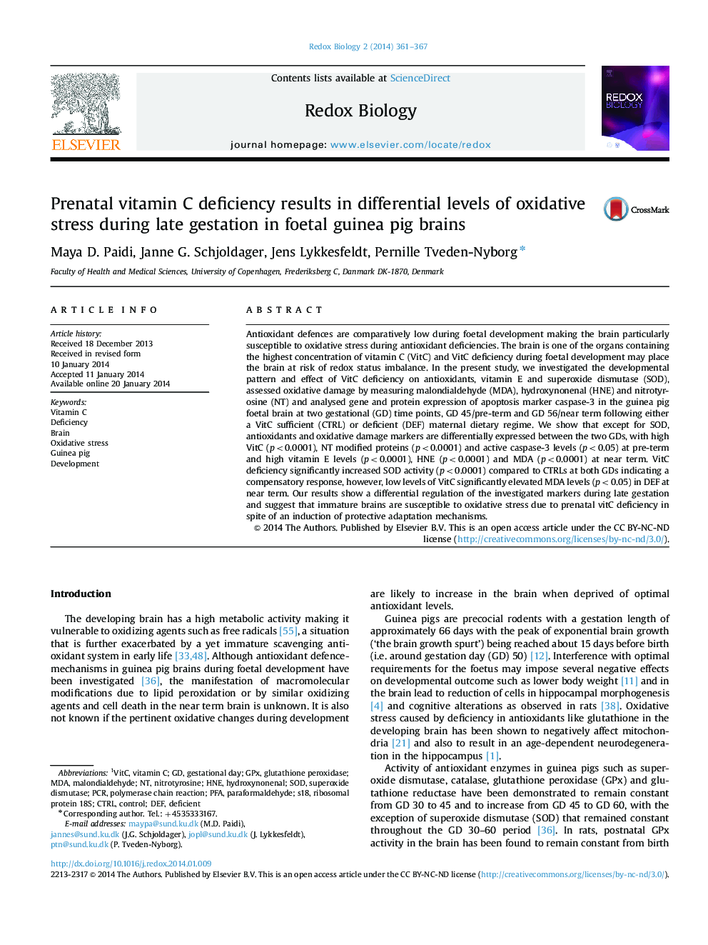 Prenatal vitamin C deficiency results in differential levels of oxidative stress during late gestation in foetal guinea pig brains