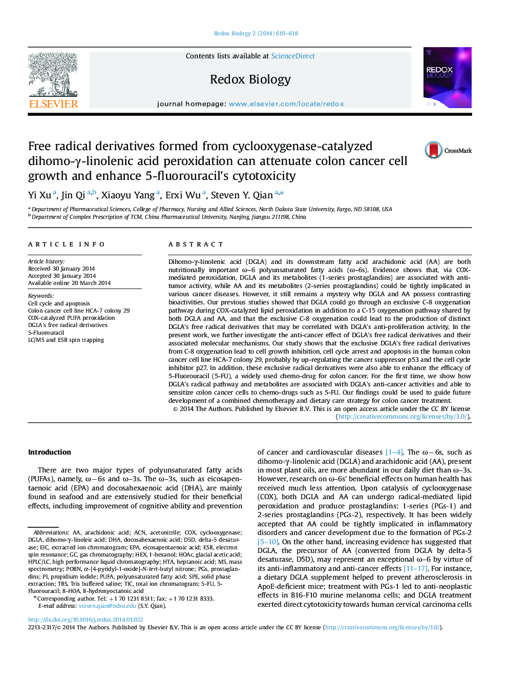 Free radical derivatives formed from cyclooxygenase-catalyzed dihomo-γ-linolenic acid peroxidation can attenuate colon cancer cell growth and enhance 5-fluorouracil׳s cytotoxicity