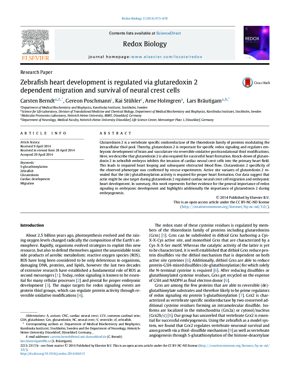 Zebrafish heart development is regulated via glutaredoxin 2 dependent migration and survival of neural crest cells