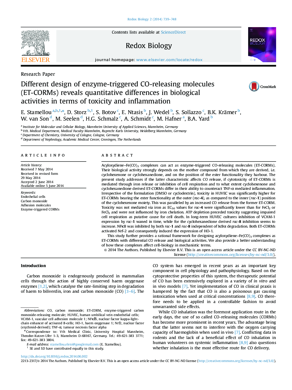 Different design of enzyme-triggered CO-releasing molecules (ET-CORMs) reveals quantitative differences in biological activities in terms of toxicity and inflammation