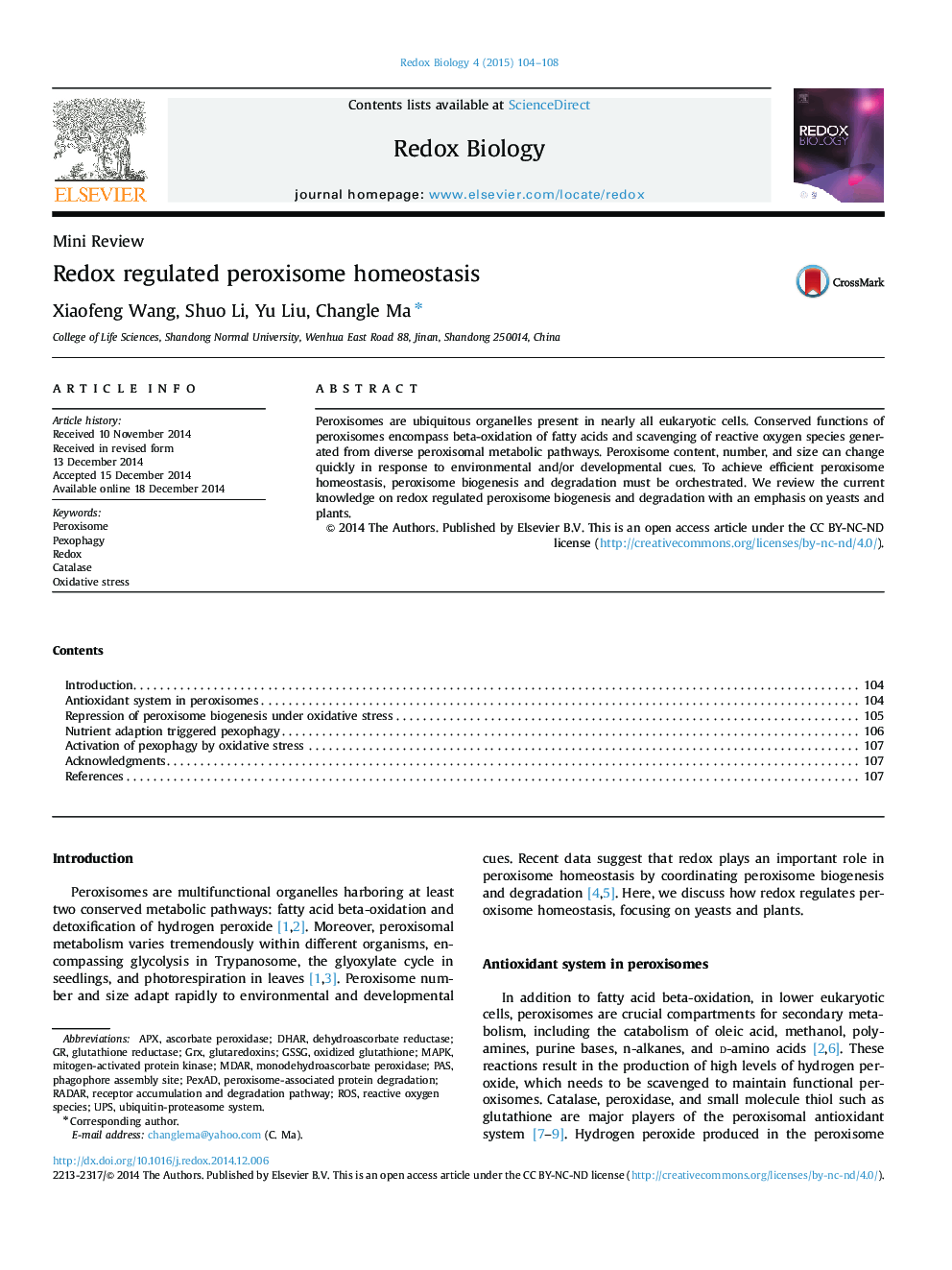 Redox regulated peroxisome homeostasis