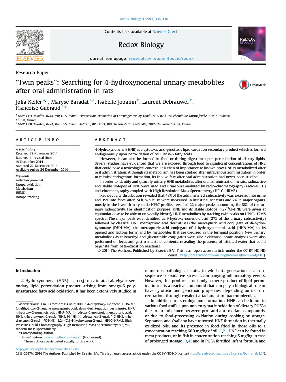 “Twin peaks”: Searching for 4-hydroxynonenal urinary metabolites after oral administration in rats