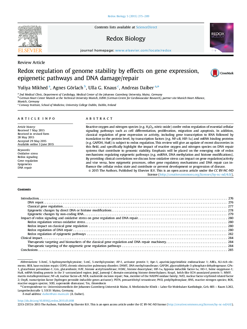 Redox regulation of genome stability by effects on gene expression, epigenetic pathways and DNA damage/repair