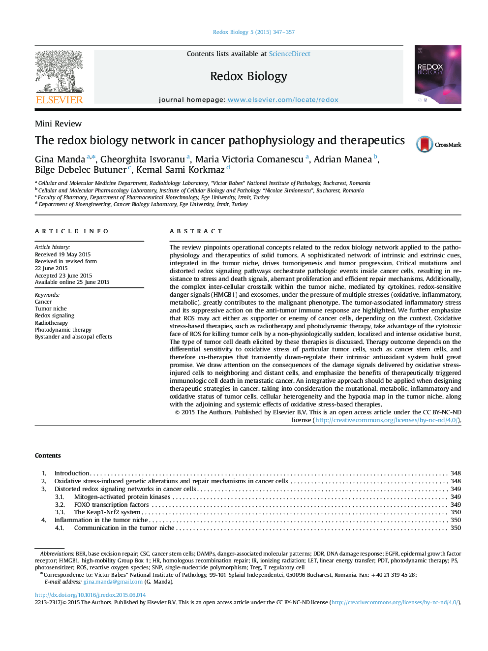 The redox biology network in cancer pathophysiology and therapeutics