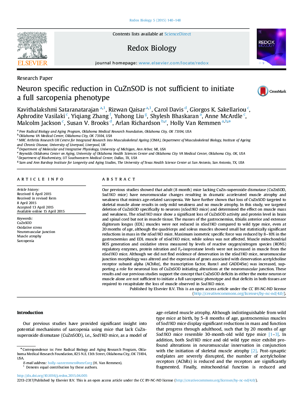 Neuron specific reduction in CuZnSOD is not sufficient to initiate a full sarcopenia phenotype