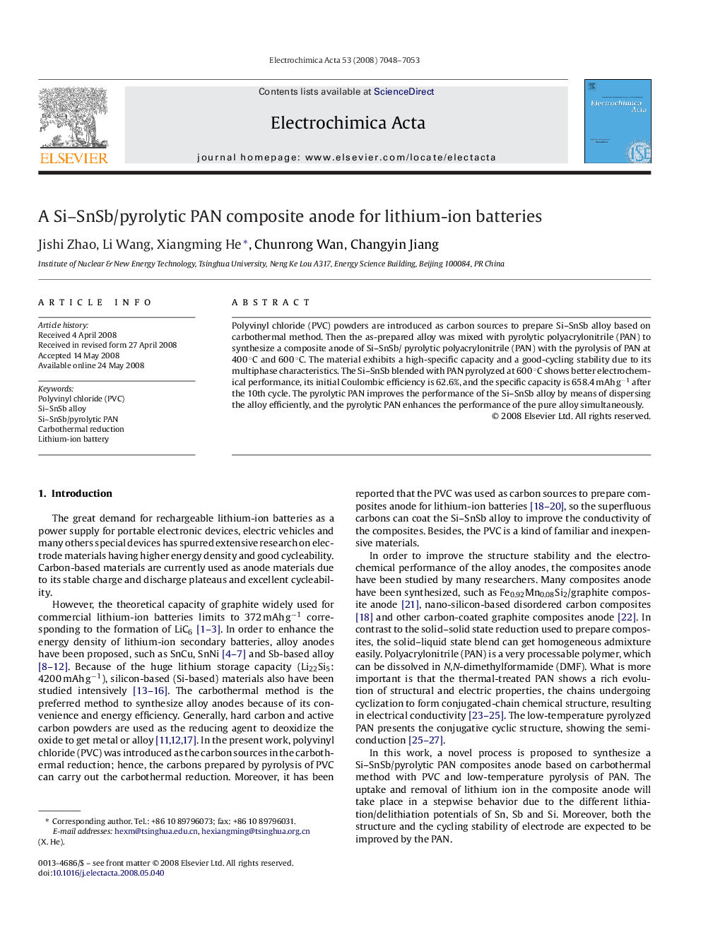 A Si–SnSb/pyrolytic PAN composite anode for lithium-ion batteries