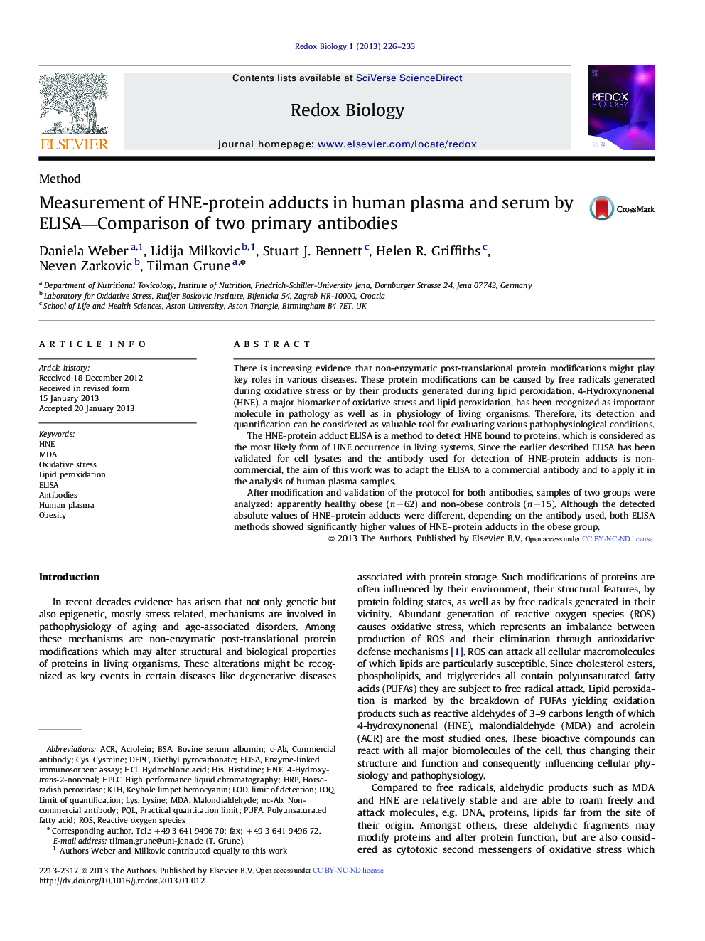 Measurement of HNE-protein adducts in human plasma and serum by ELISA—Comparison of two primary antibodies