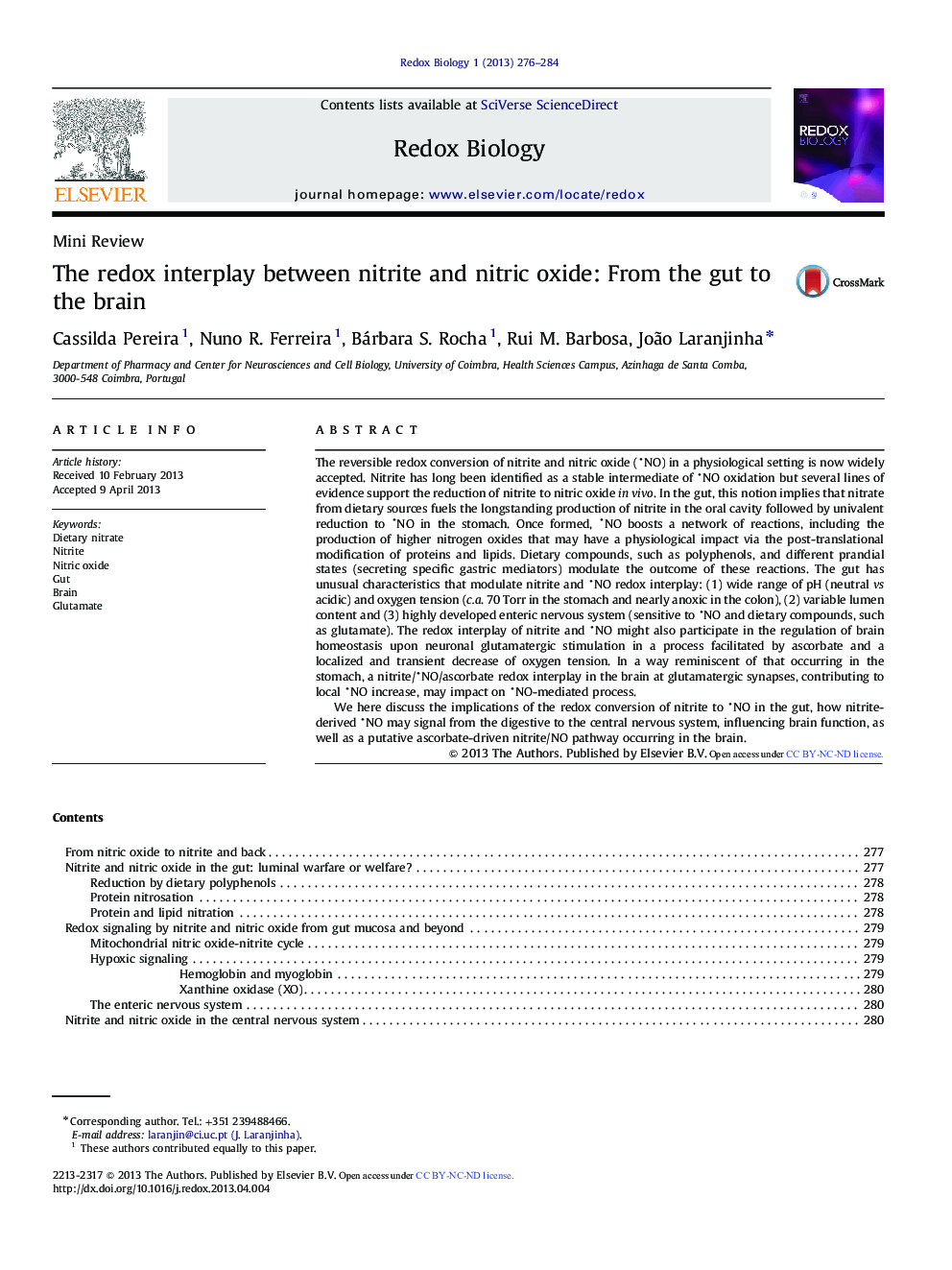 The redox interplay between nitrite and nitric oxide: From the gut to the brain