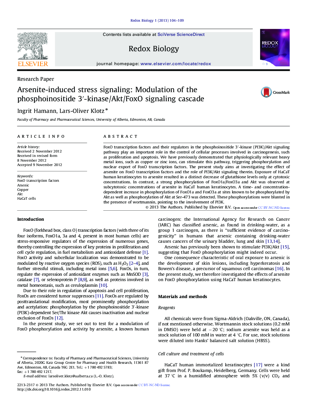 Arsenite-induced stress signaling: Modulation of the phosphoinositide 3′-kinase/Akt/FoxO signaling cascade