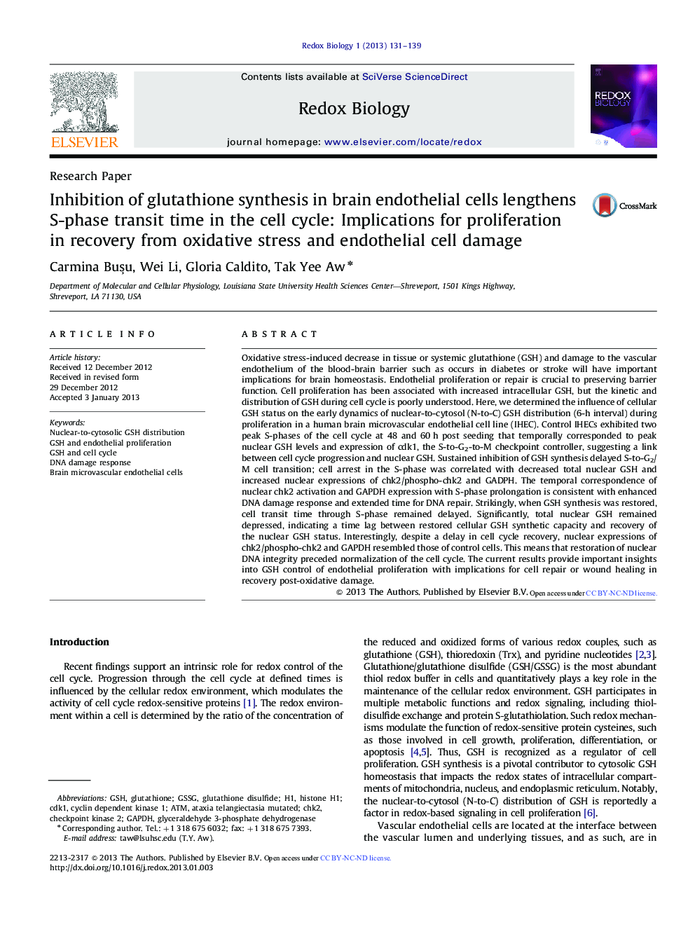 عکس صفحه اول مقاله: Inhibition of glutathione synthesis in brain endothelial cells lengthens S-phase transit time in the cell cycle: Implications for proliferation in recovery from oxidative stress and endothelial cell damage Inhibition of glutathione synthesis in brain endothelial cells lengthens S-phase transit time in the cell cycle: Implications for proliferation in recovery from oxidative stress and endothelial cell damage