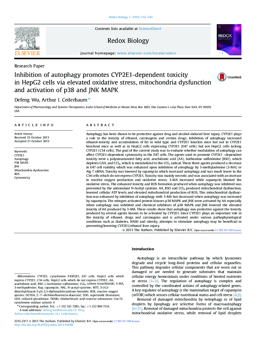 Inhibition of autophagy promotes CYP2E1-dependent toxicity in HepG2 cells via elevated oxidative stress, mitochondria dysfunction and activation of p38 and JNK MAPK