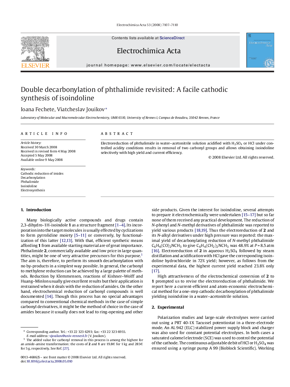 Double decarbonylation of phthalimide revisited: A facile cathodic synthesis of isoindoline