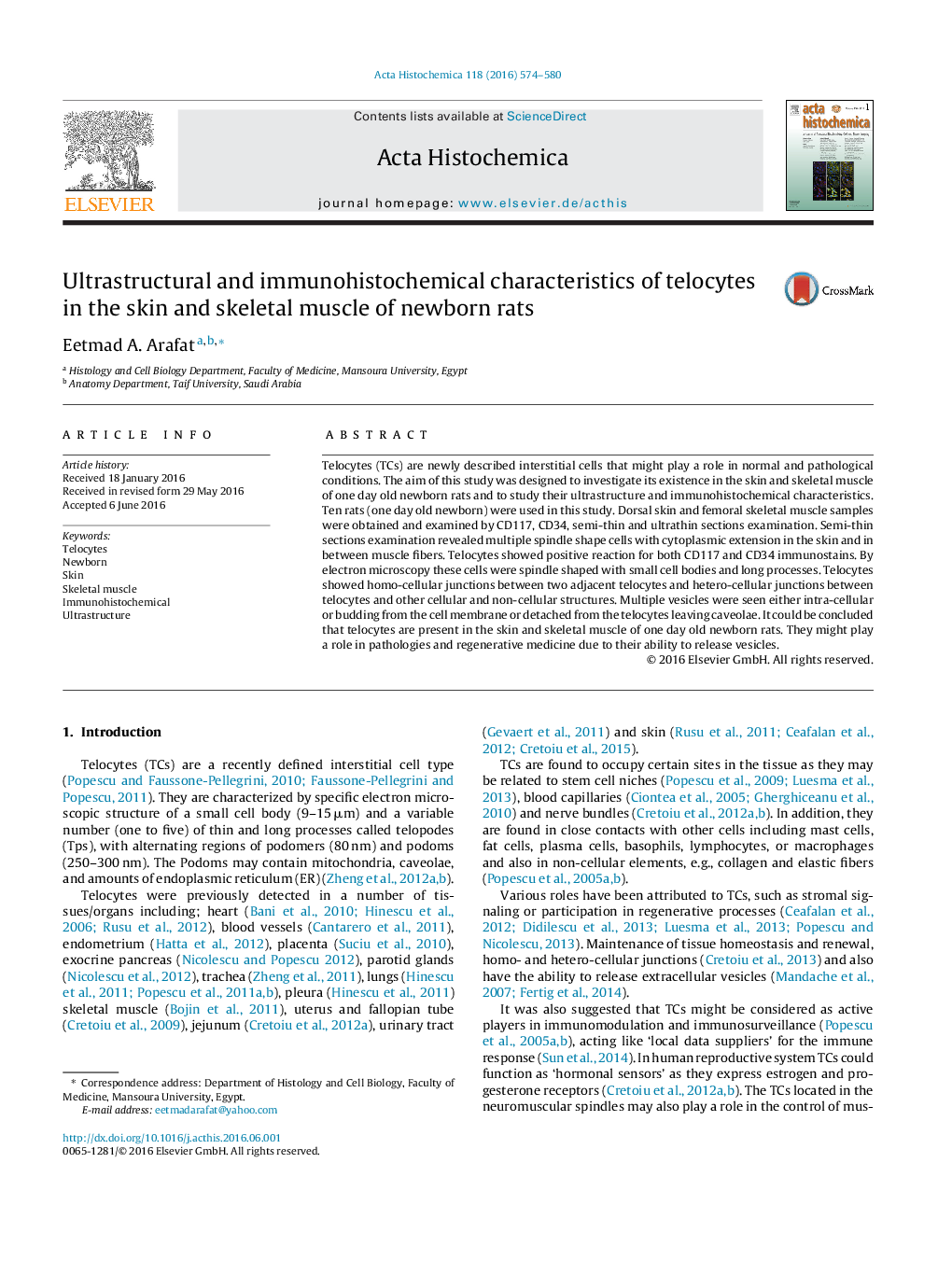 Ultrastructural and immunohistochemical characteristics of telocytes in the skin and skeletal muscle of newborn rats