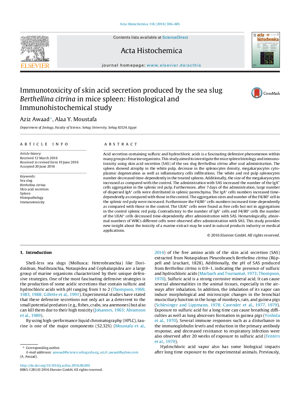 Immunotoxicity of skin acid secretion produced by the sea slug Berthellina citrina in mice spleen: Histological and Immunohistochemical study